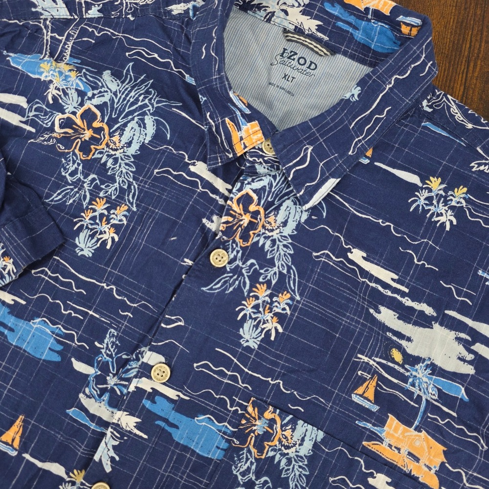 IZOD Saltwater‎ Tropical Scenic Button Down Shirt Mens XLT Blue Short Sleeve